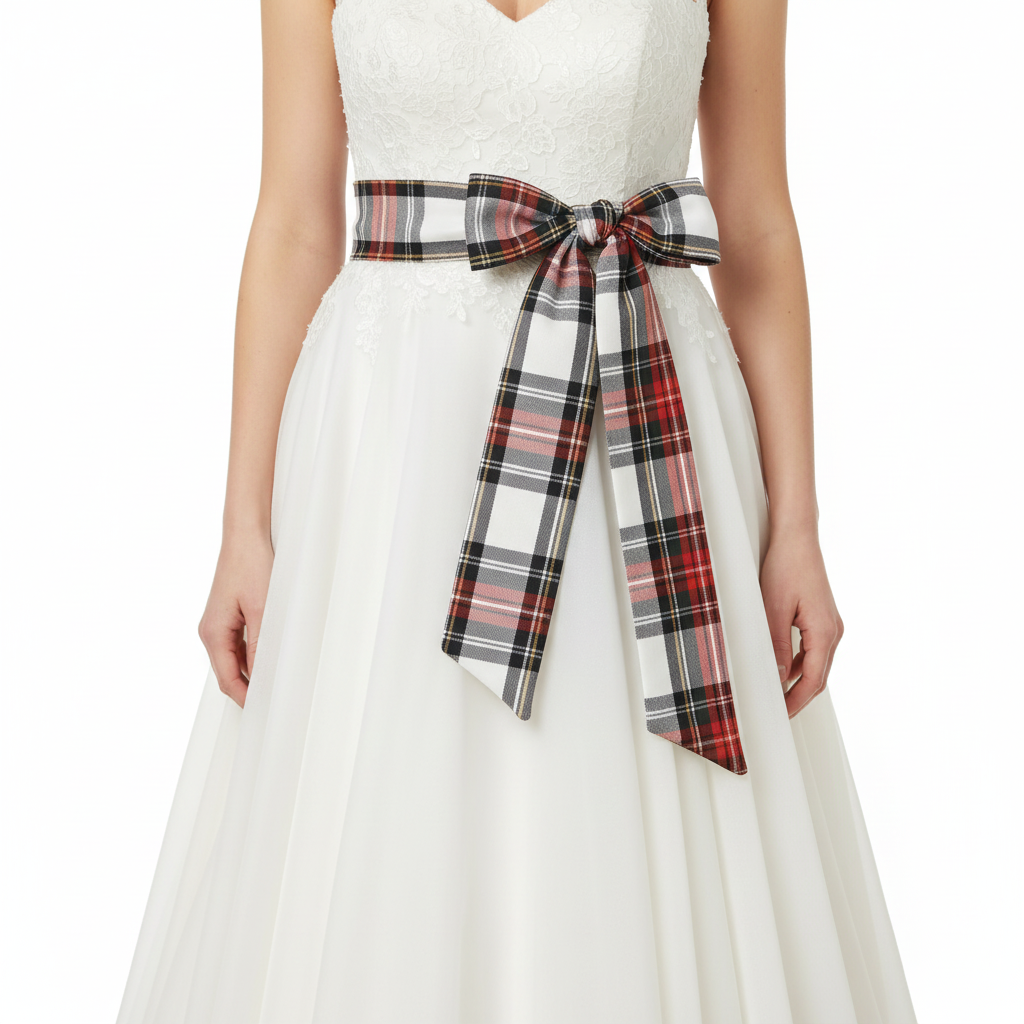 White tartan sash on woman with white background