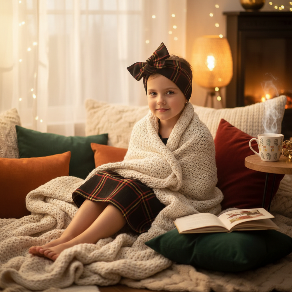 Young Girl in Black Brown Tartan Set Cosy Scene
