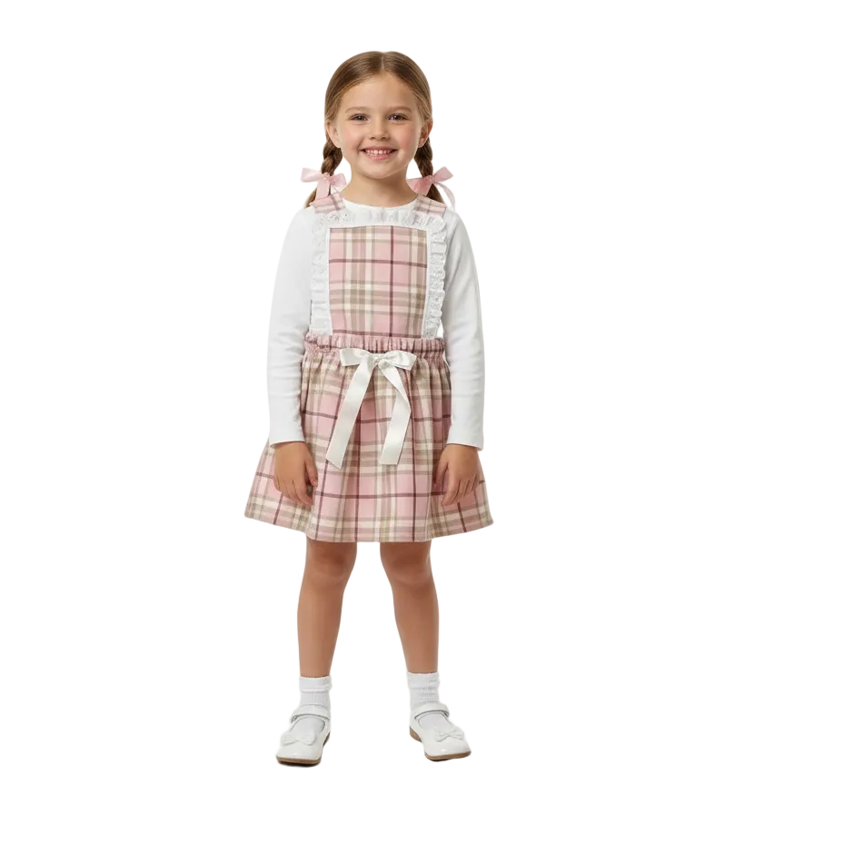 Young Girl in Pink Tartan Pinafore Dress Closer View
