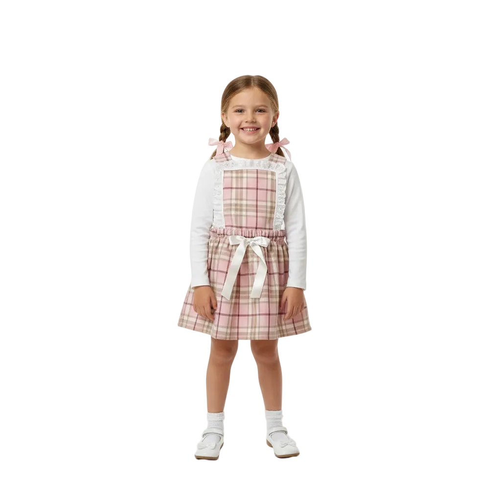 Young Girl in Pink Tartan Pinafore Dress